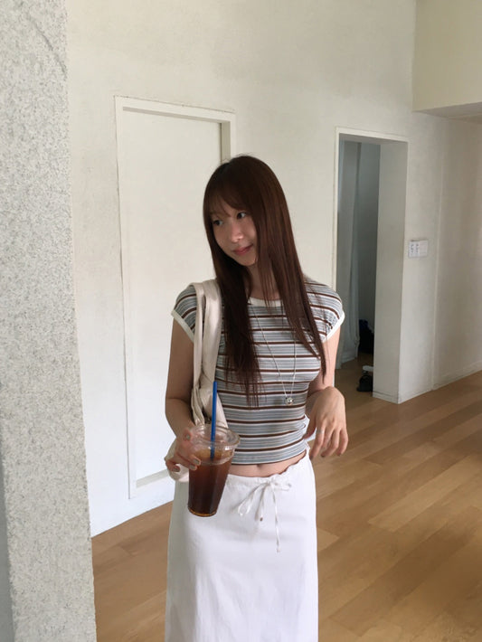 撞色條紋無肩線修身上衣
