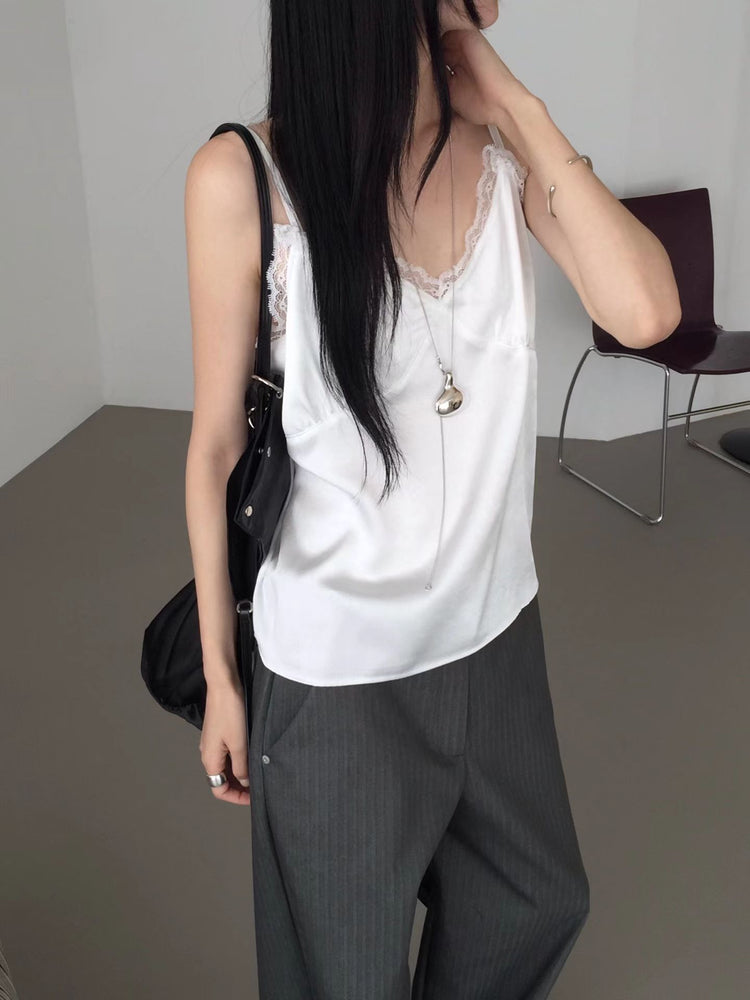 霧光澤蕾絲邊吊帶上衣