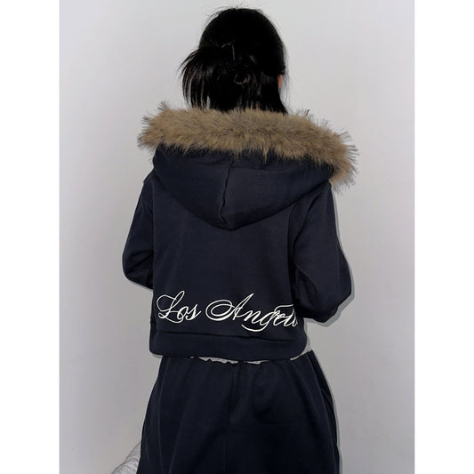 毛毛邊印花細節短連帽外套