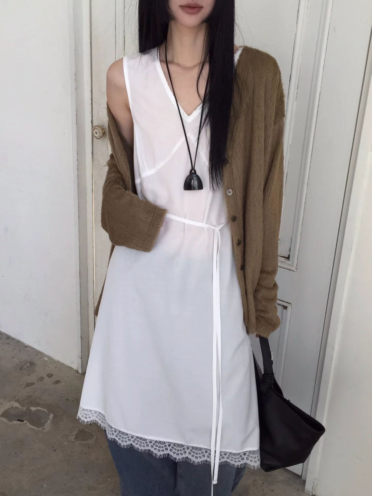 高級V領蕾絲邊綁帶細節連身裙