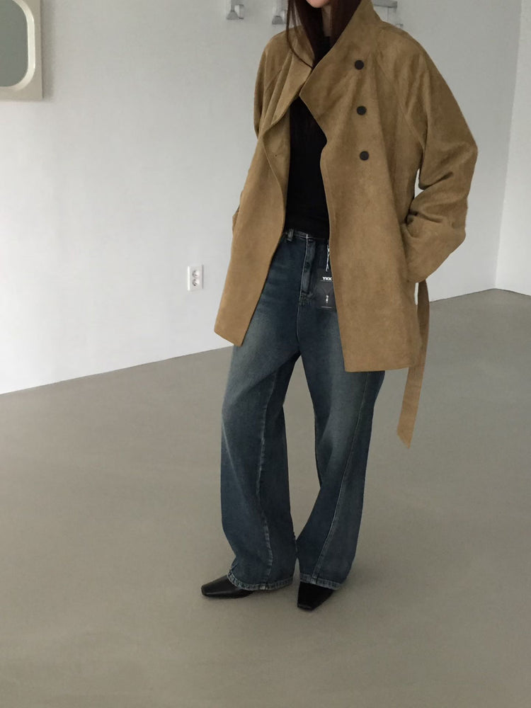 企領撞色袖口細節麂皮中長外套