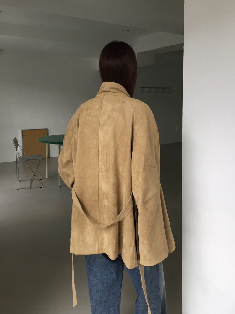 企領撞色袖口細節麂皮中長外套