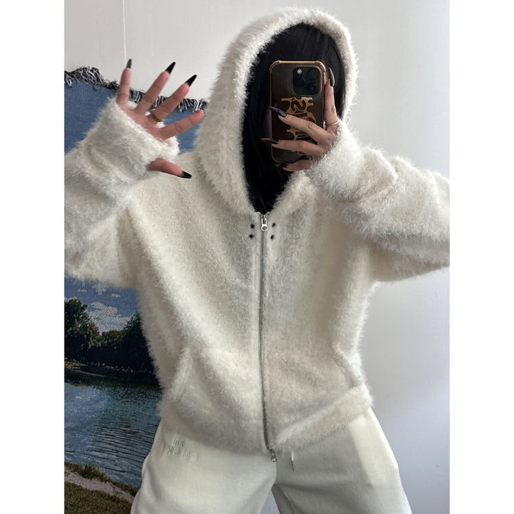 毛絨雙拉鏈鐵環細節連帽外套