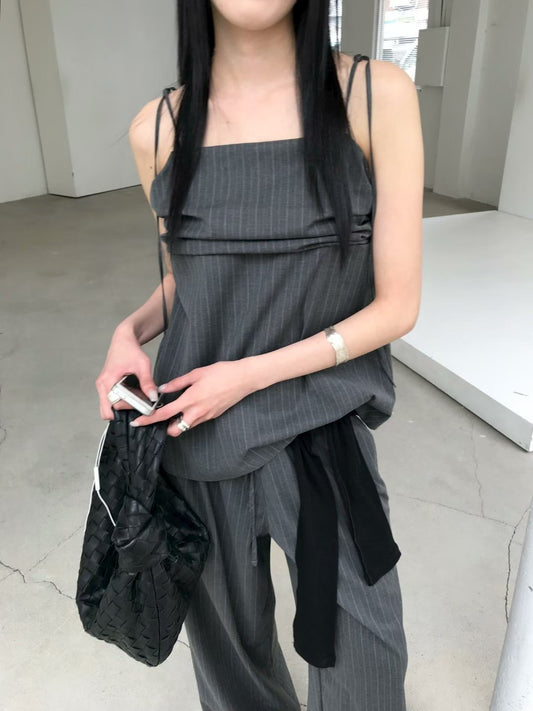 條紋綁帶抓皺設計感上衣