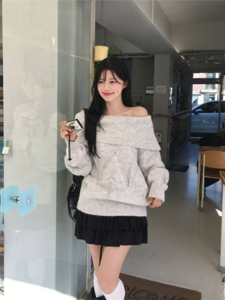 美肩紋理縷空紋理細節毛衣