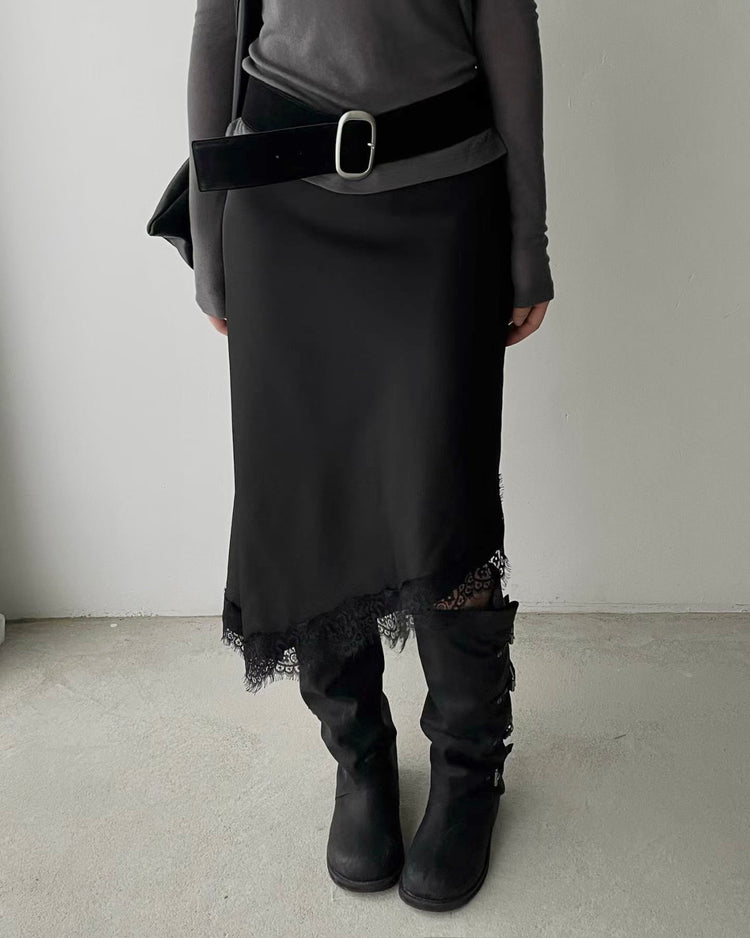 光澤感蕾絲邊不對稱細節半裙