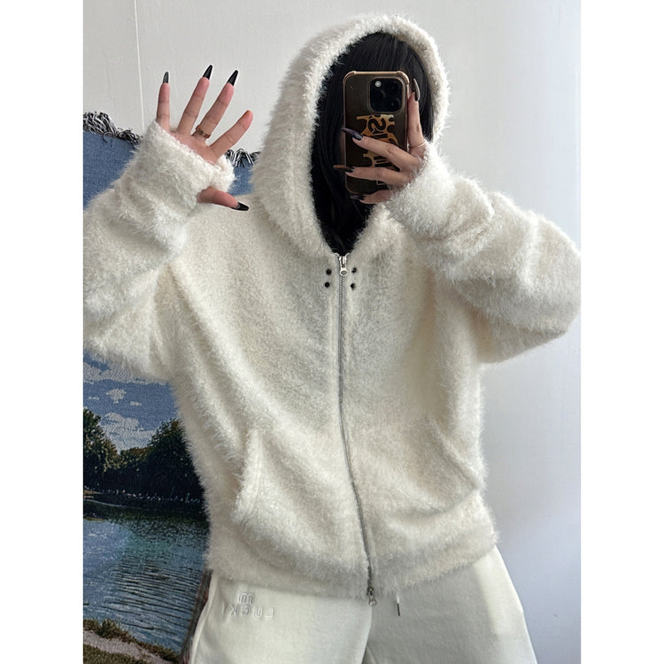 毛絨雙拉鏈鐵環細節連帽外套