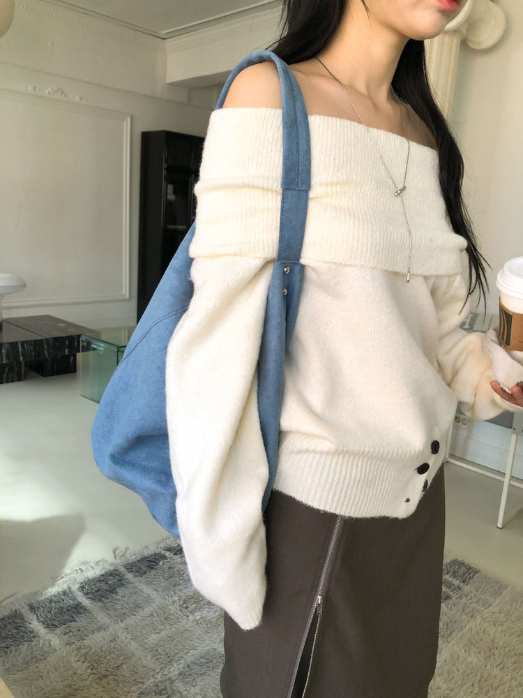 美肩下擺扣鈕細節針織上衣