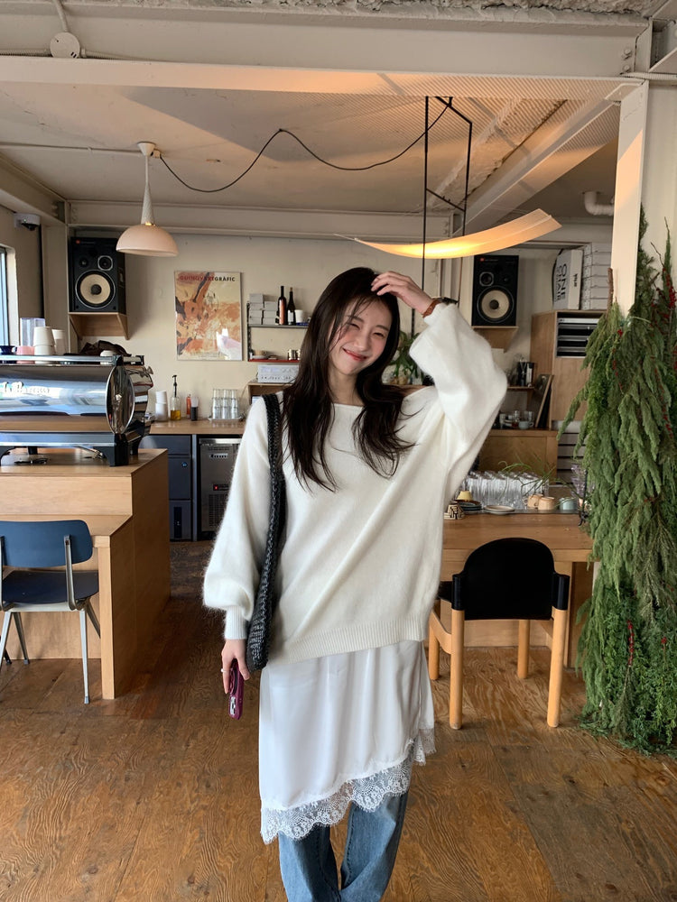 美色斜肩寬鬆束口毛衣