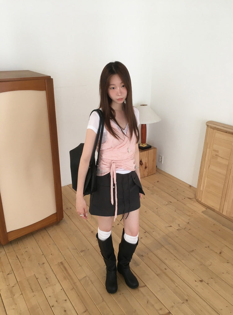 交疊皺皺細節綁帶上衣