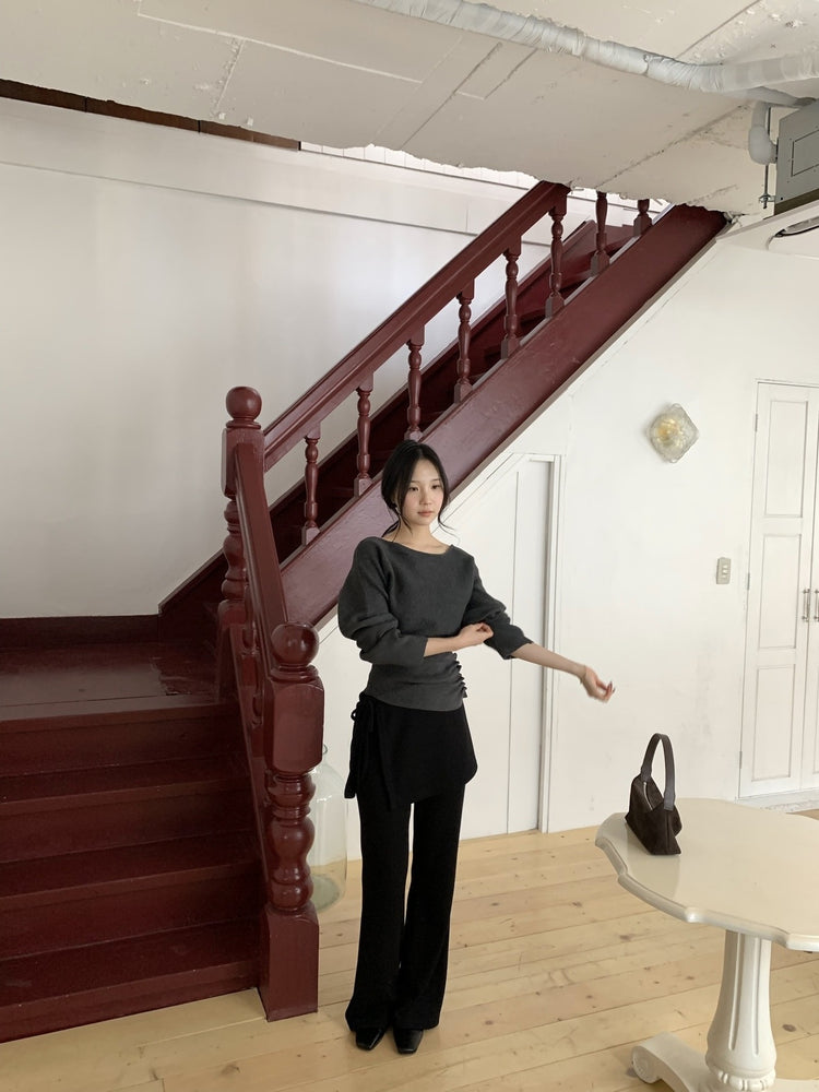 側綁帶細長腿假兩件裙褲