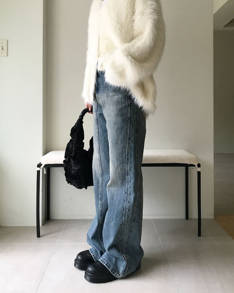 弧壓線側鉚釘細節牛仔褲