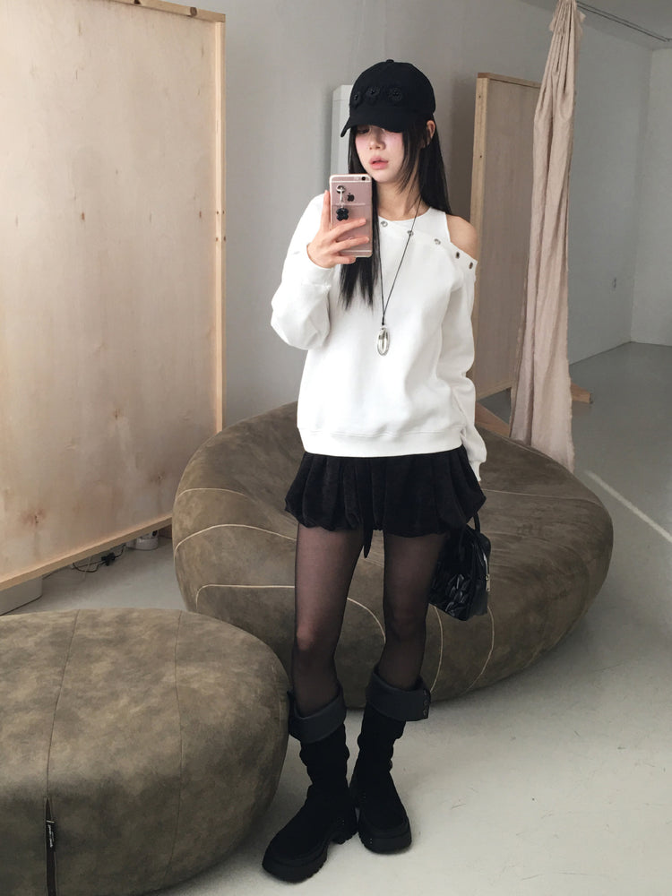 鉚釘圈細節假兩件美肩上衣