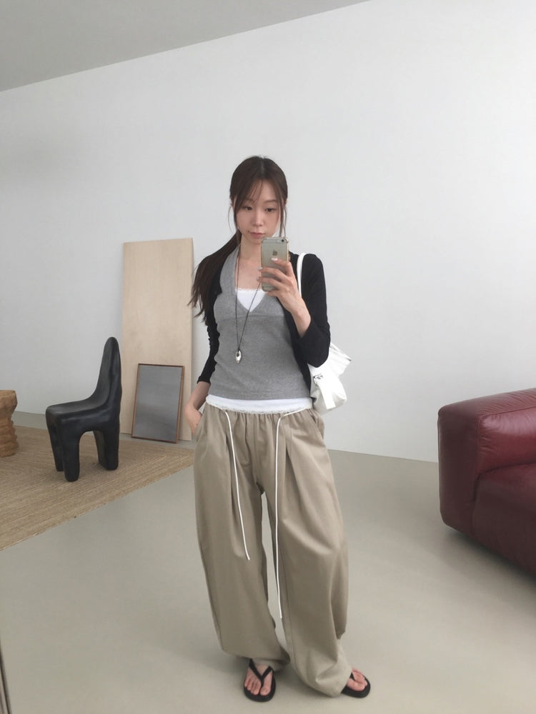 蕾絲褲邊細節垂帶闊褲