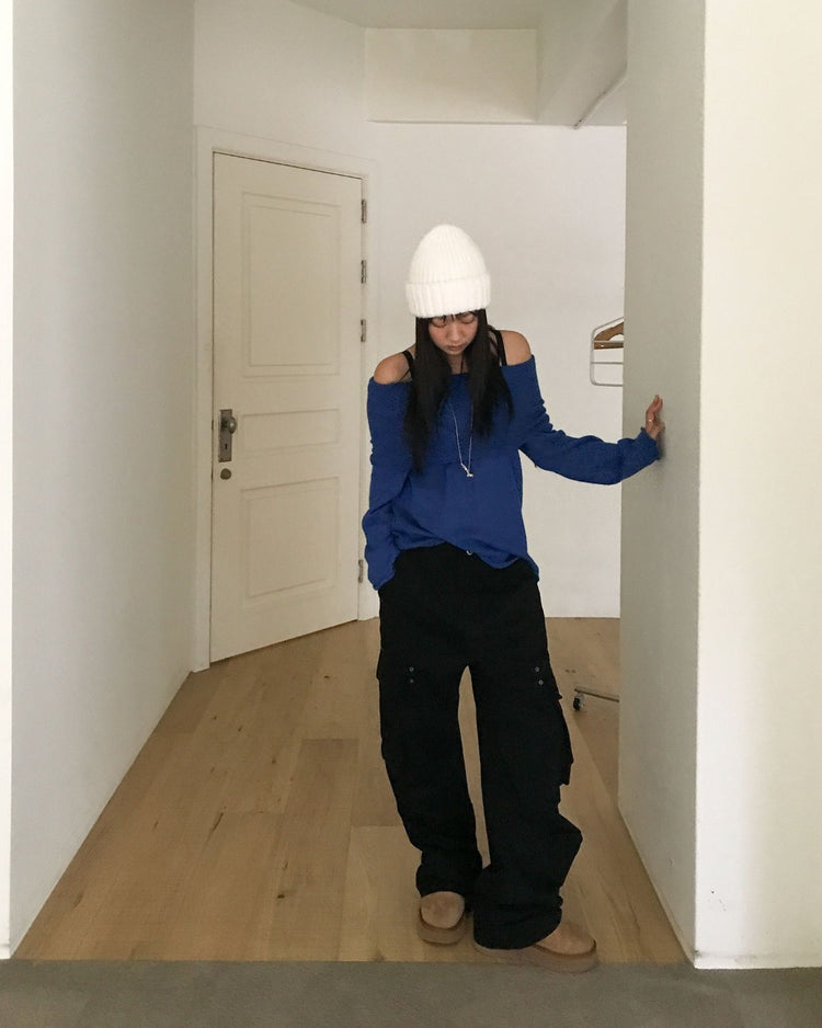 美肩微透紋理細節針織上衣