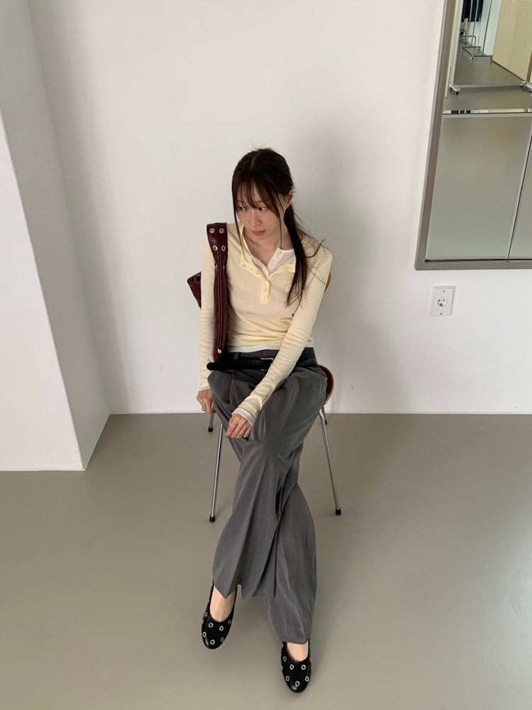 低腰視覺褲耳細節單褶直褲
