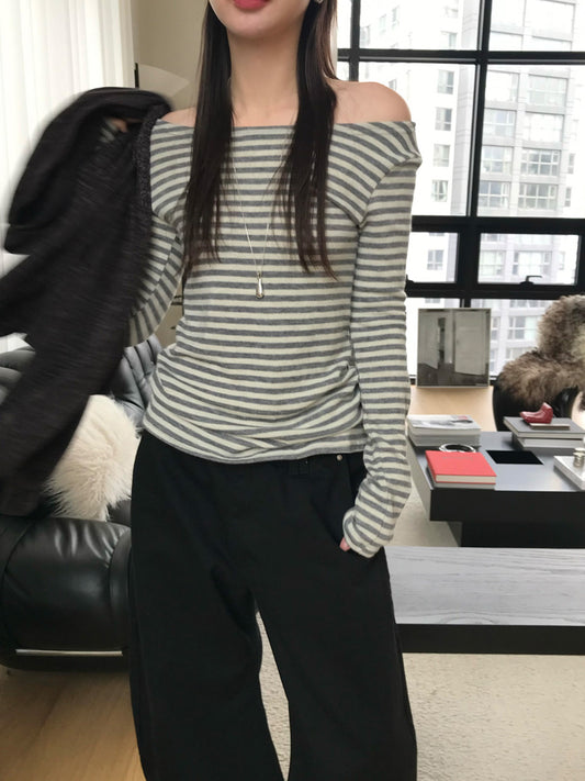 美鎖骨撞色條紋上衣