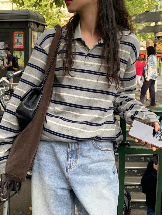 翻領撞色條紋寬鬆上衣