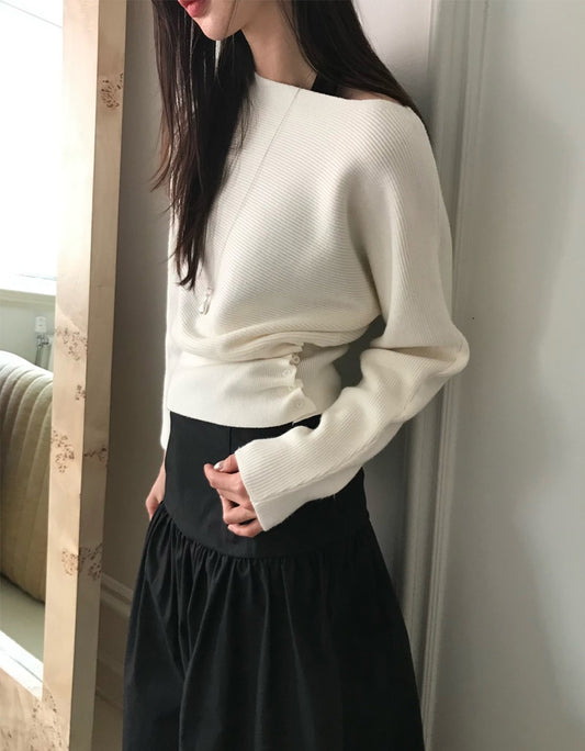 美肩側扣鈕細節坑紋針織衫