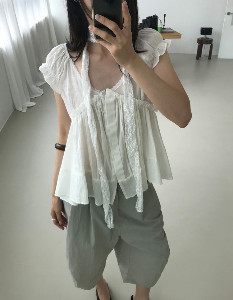 浪漫V領蕾絲胸壓線細節上衣