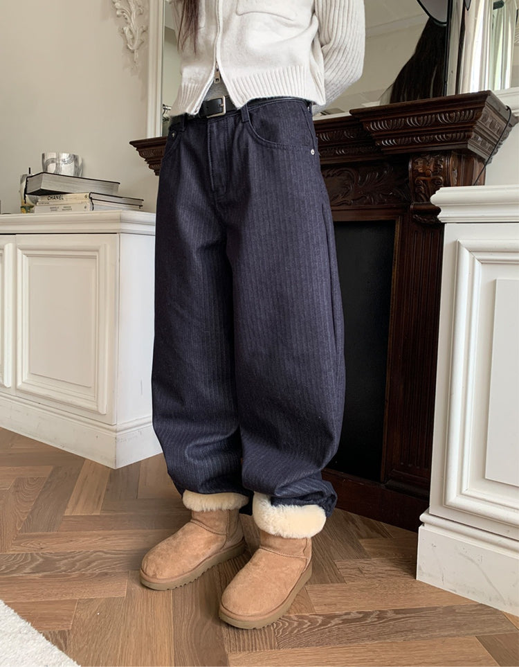 暗條紋細節繭型牛仔褲