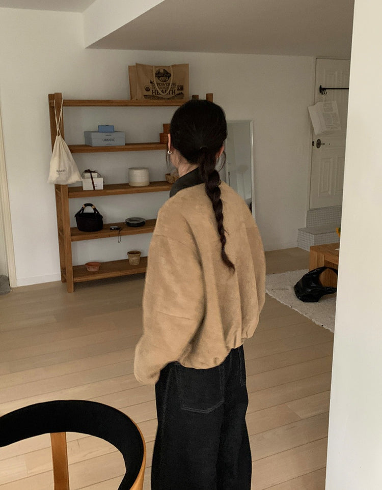 撞色皮領麂皮外套