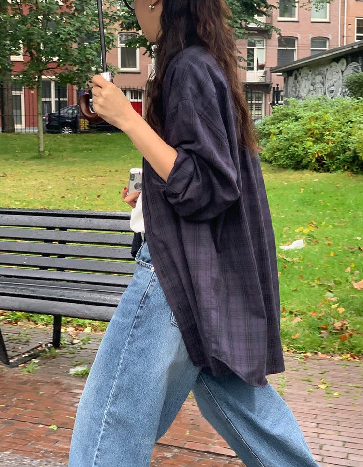格紋同色系寬鬆襯衫