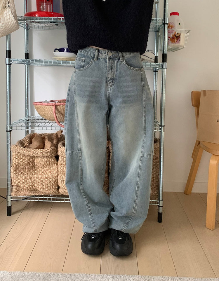 弧形側壓線廓形牛仔褲