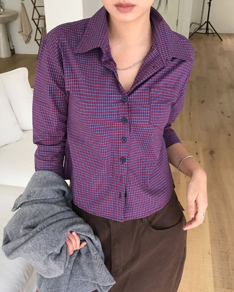 復古亮色格紋細節修腰襯衫
