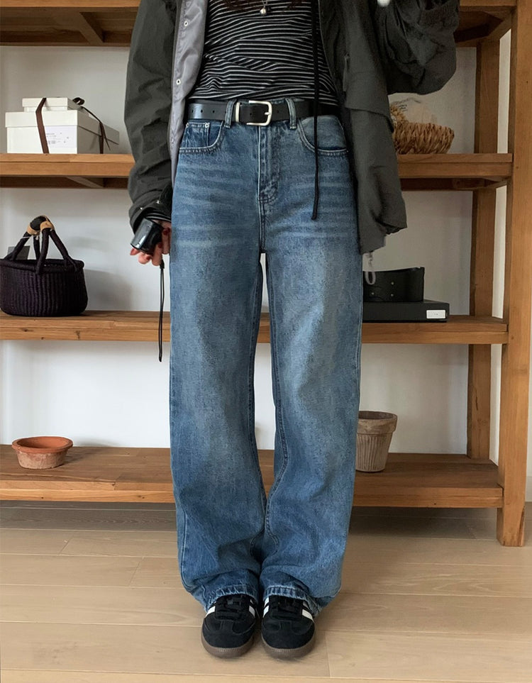 基礎復古美刷色直筒牛仔褲