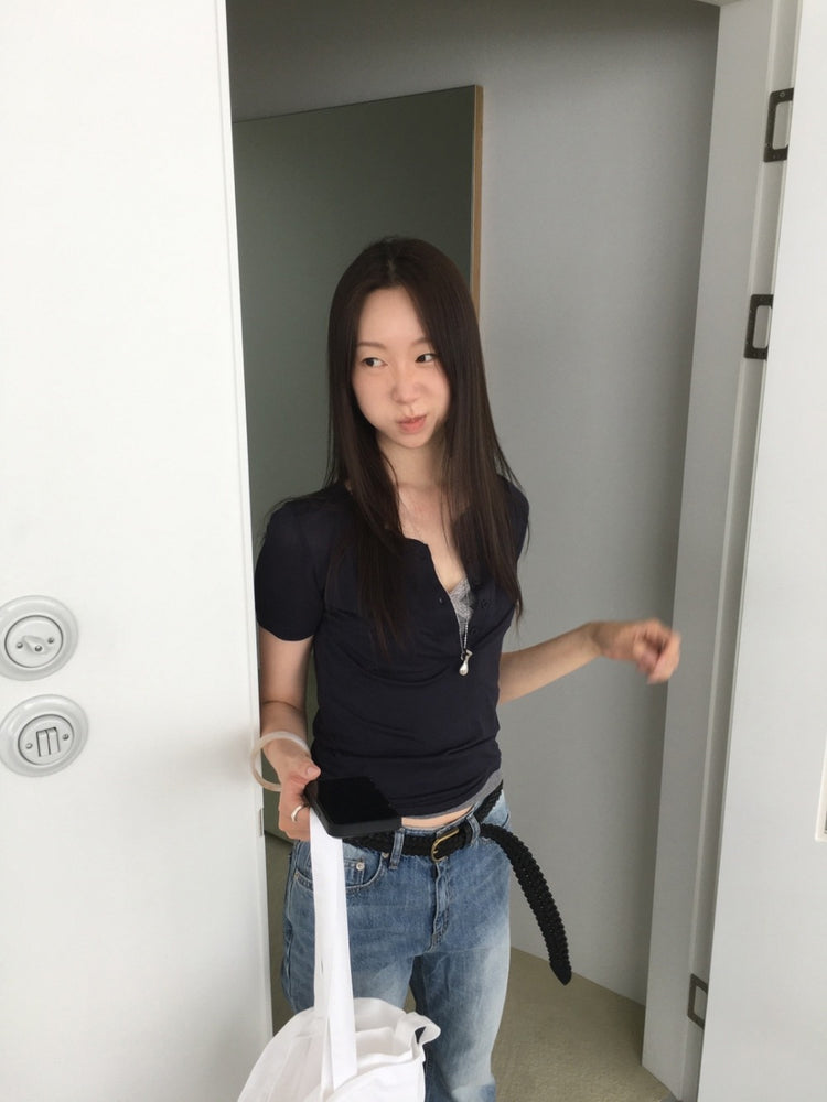 透膚亨利領修身上衣