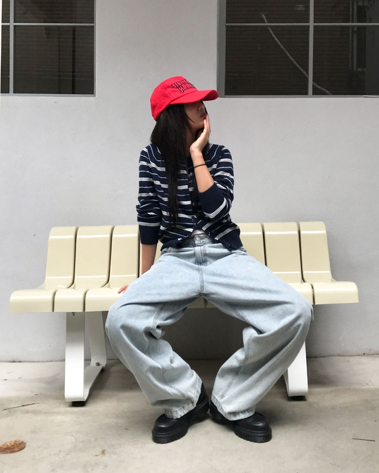 美色條紋排鈕針織外套