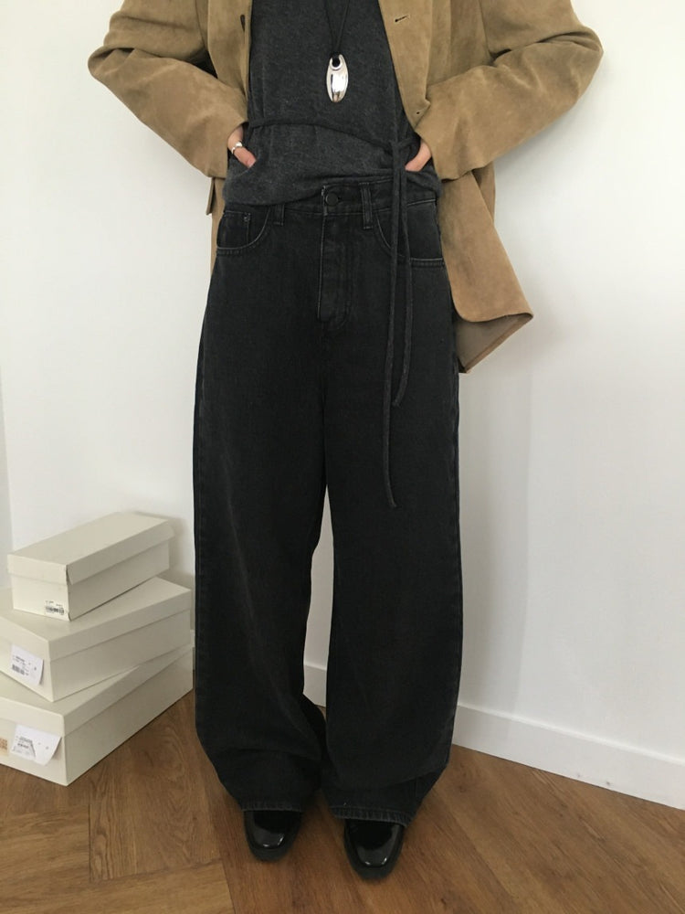 (現)基礎黑灰闊牛仔褲