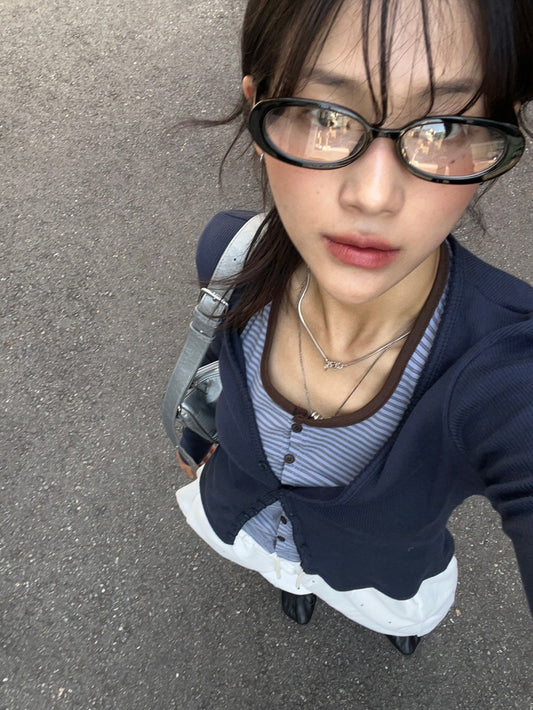 掛脖條紋撞色排鈕上衣