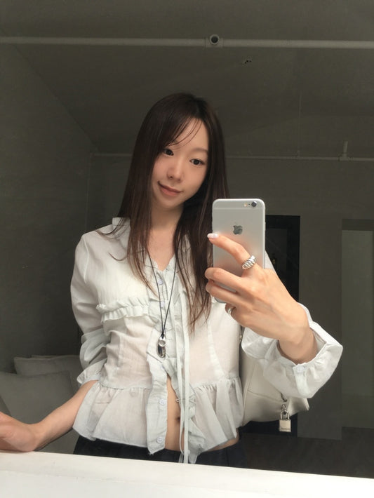 透膚荷葉邊垂帶上衣