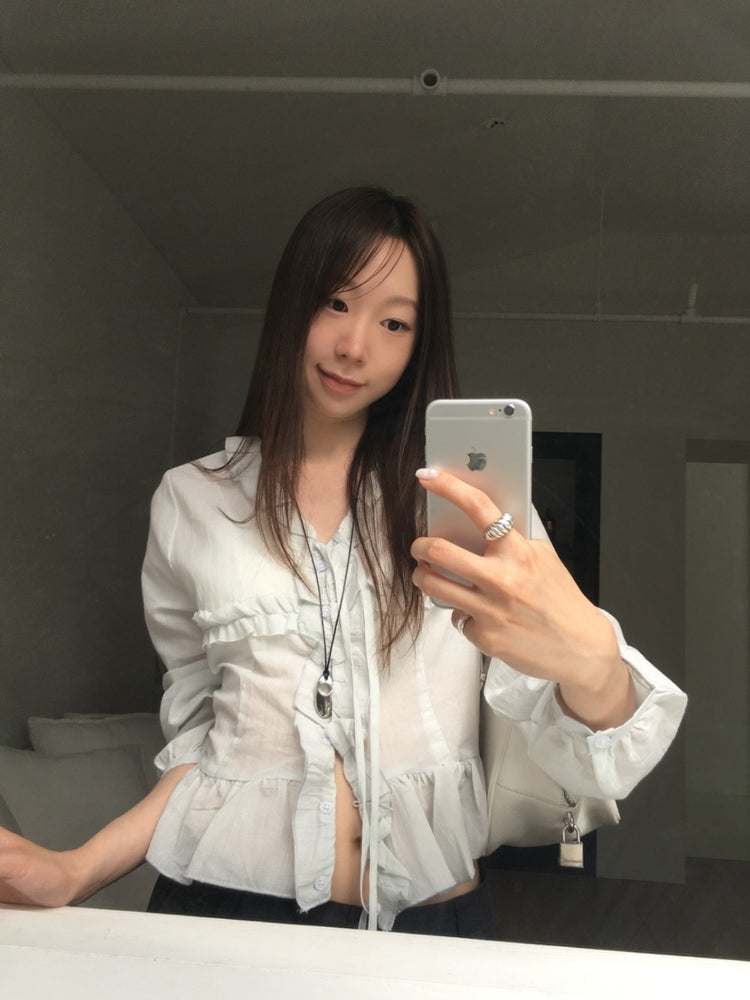 透膚荷葉邊垂帶上衣