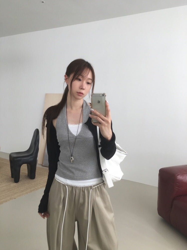 蕾絲褲邊細節垂帶闊褲