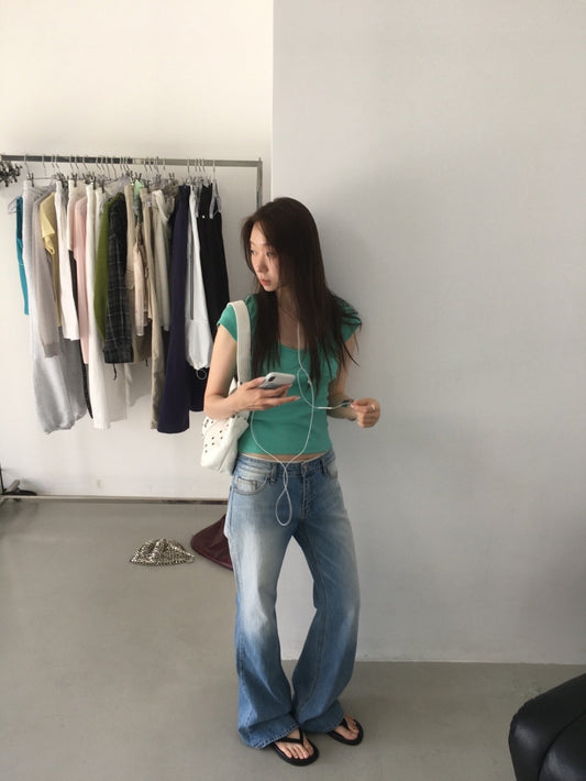 撞色腰頭低腰喇叭牛仔褲