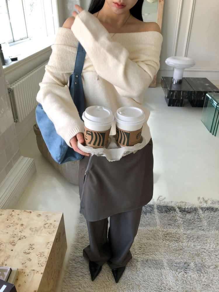 美肩下擺扣鈕細節針織上衣