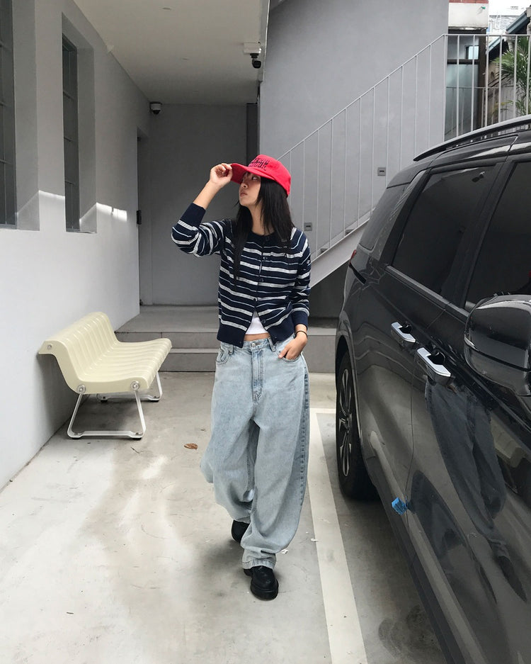 美色條紋排鈕針織外套