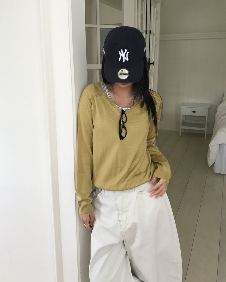 微透美色V領針織衫