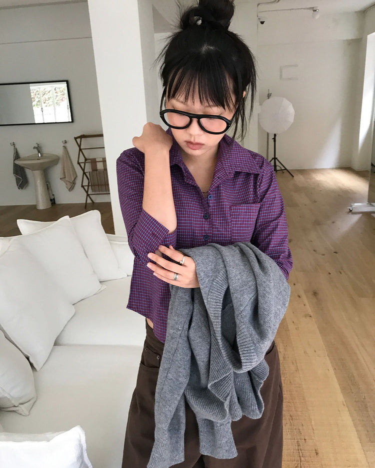 復古亮色格紋細節修腰襯衫