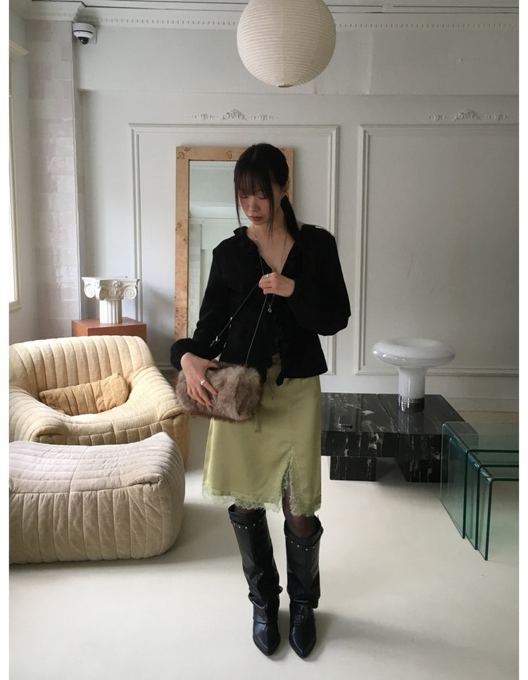 蕾絲邊霧光澤側小開叉半裙