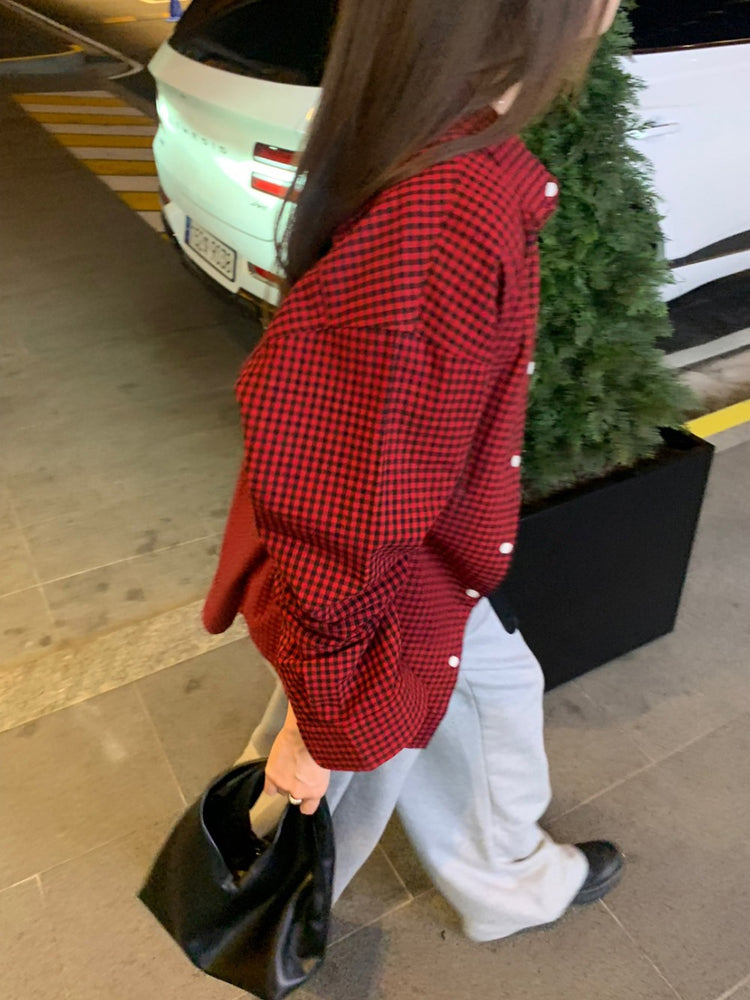 復古美色格紋寬鬆襯衫