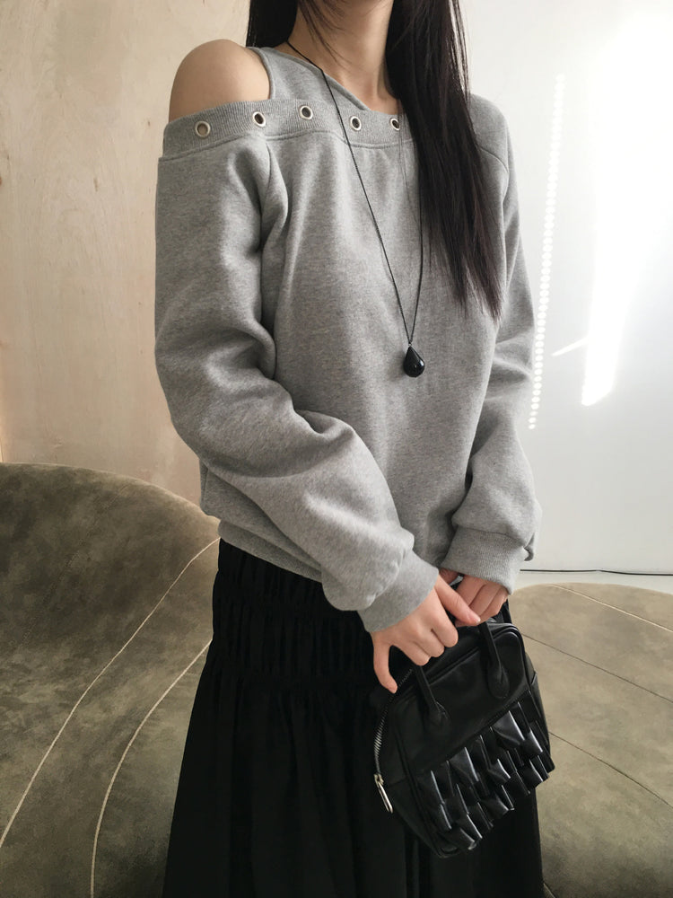 鉚釘圈細節假兩件美肩上衣