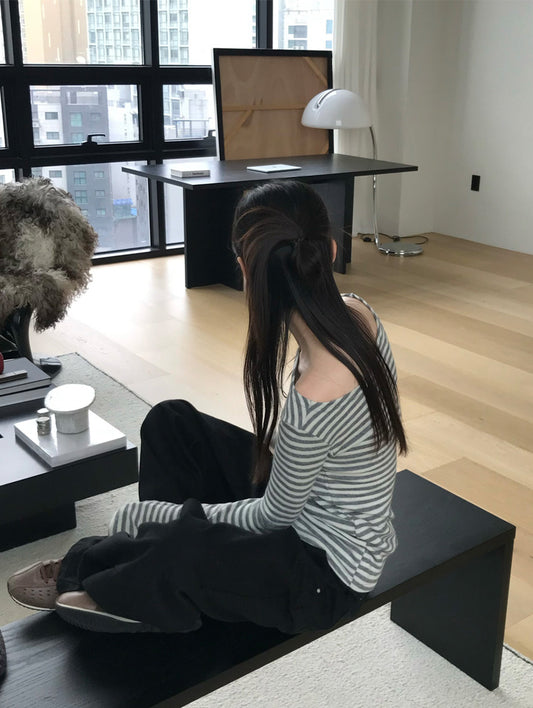 美鎖骨撞色條紋上衣