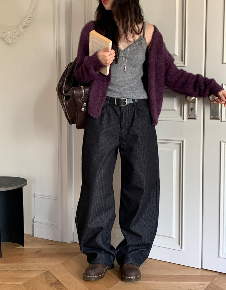 暗條紋細節繭型牛仔褲