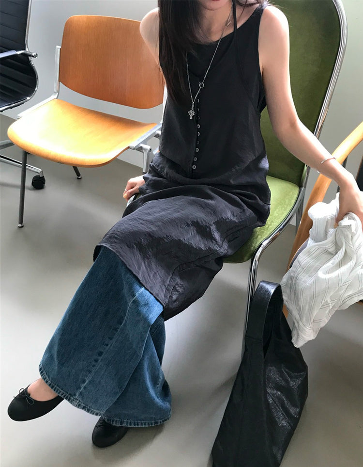 霧光澤掛脖排鈕連身裙套裝