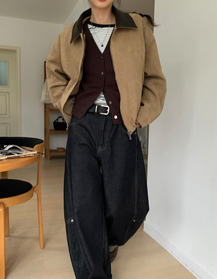 撞色皮領麂皮外套