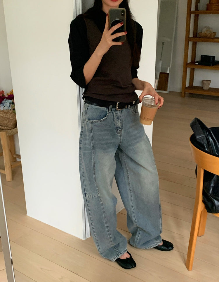 弧形側壓線廓形牛仔褲